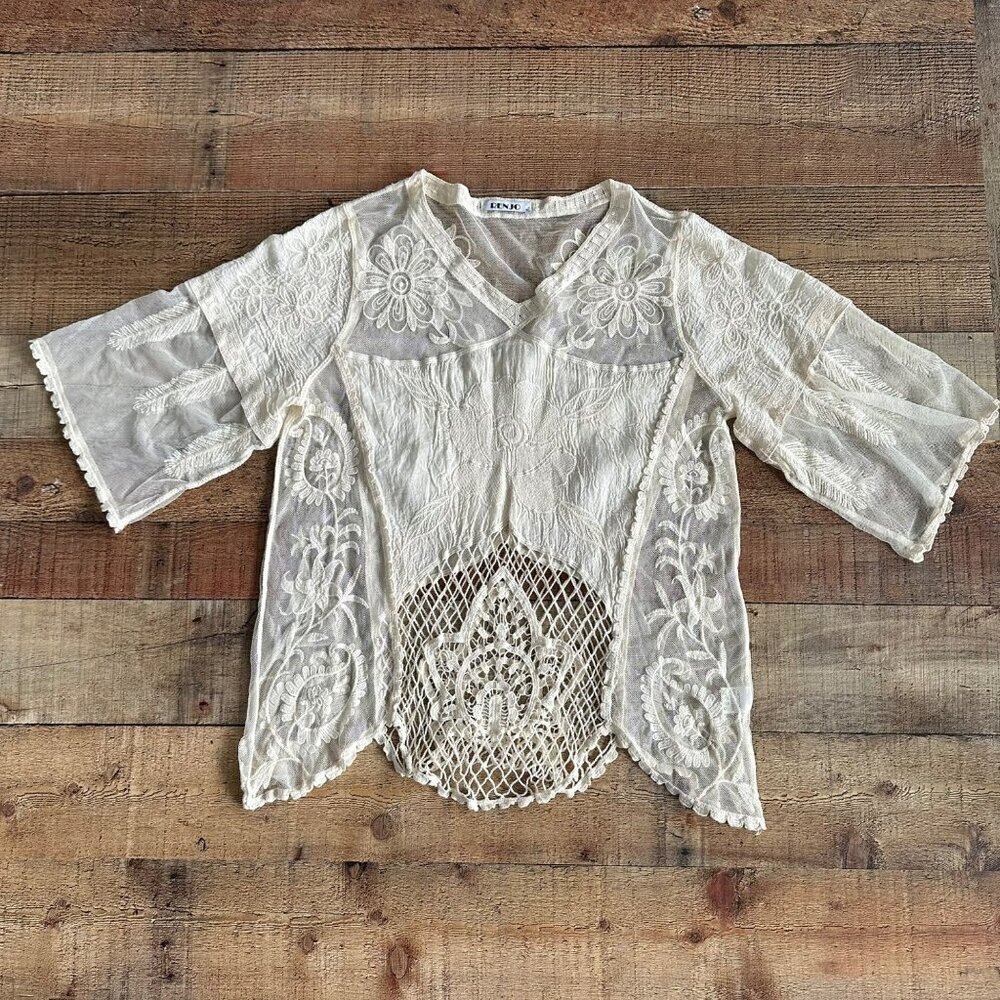 Renjo Cream Lace Embroidered Boho Whimsical Cottage Core Top Swimsuit Cover Up